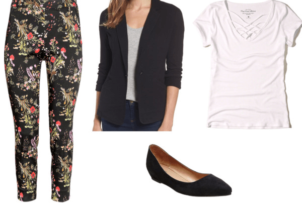 floral pants black blazer white strappy tee black flats