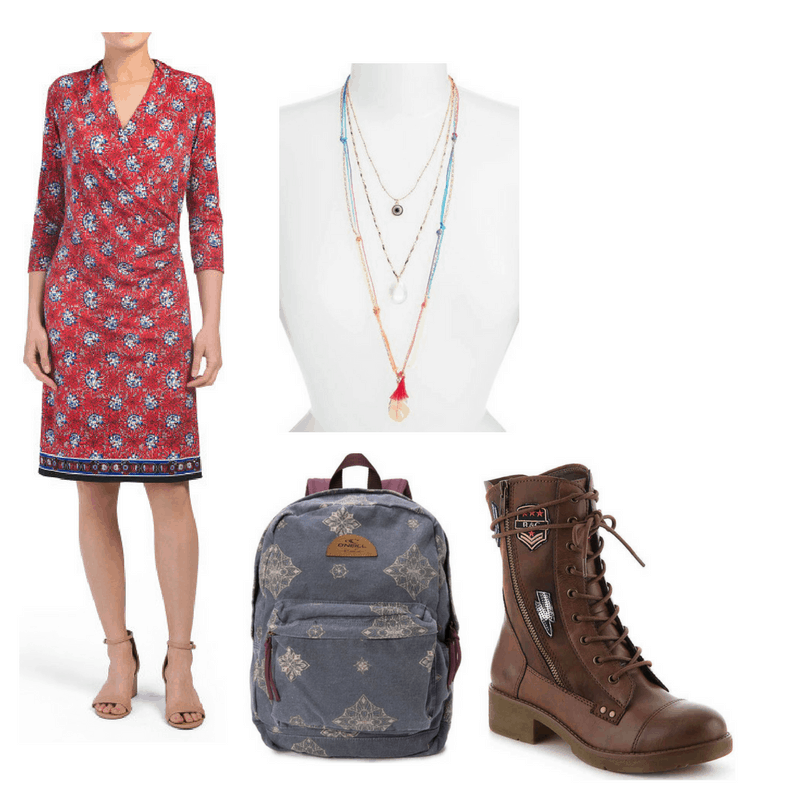 Artsy finals outfit with printed dress, layered necklaces, printed backpack, and combat boots