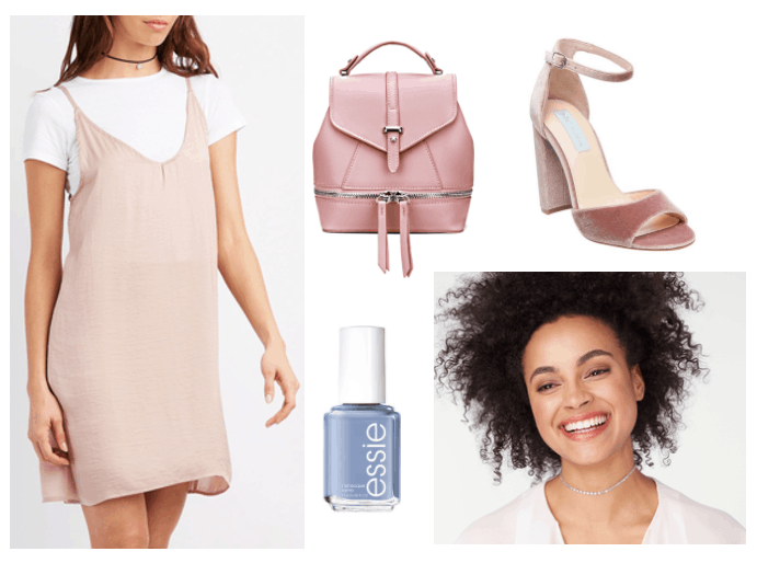 Outfit inspired by Essie's 90s nail polish collection: Outfit inspired by Clueless - beige slip dress over a t-shirt, mini backpack, velvet platform heels, blue nail polish, choker
