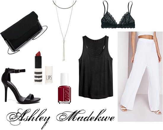 Outfit inspired by Ashley Madekwe: White trousers, black tank, strappy heels, choker, chain strap bag