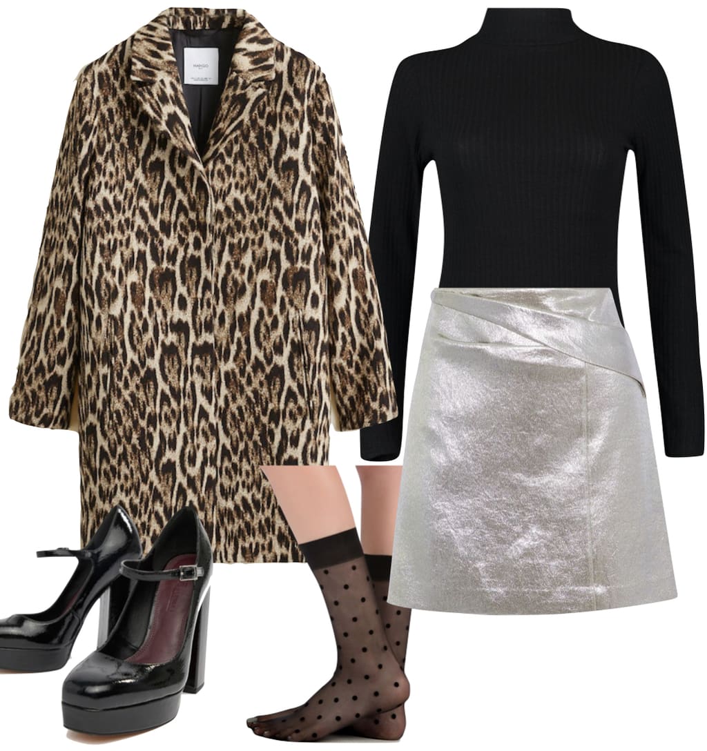 Ashley Tisdale Outfit: leopard print coat, black turtleneck bodysuit, silver metallic mini skirt, sheer polka dot socks, and black patent platform heels