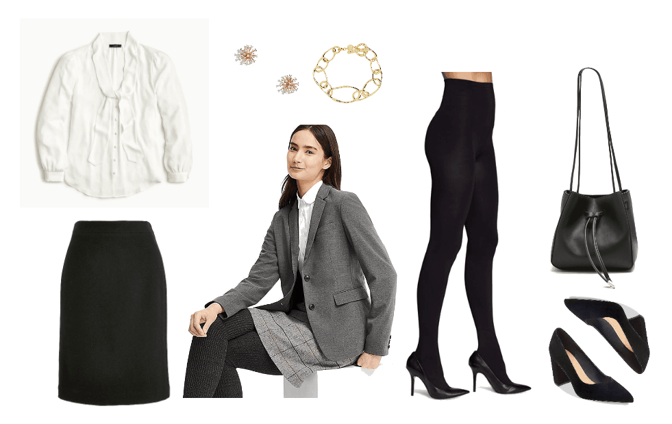 Outfit for a swearing in ceremony: Black skirt, white oxford shirt, blazer, black tights, black pointed toe pumps, black bucket bag and jewelry