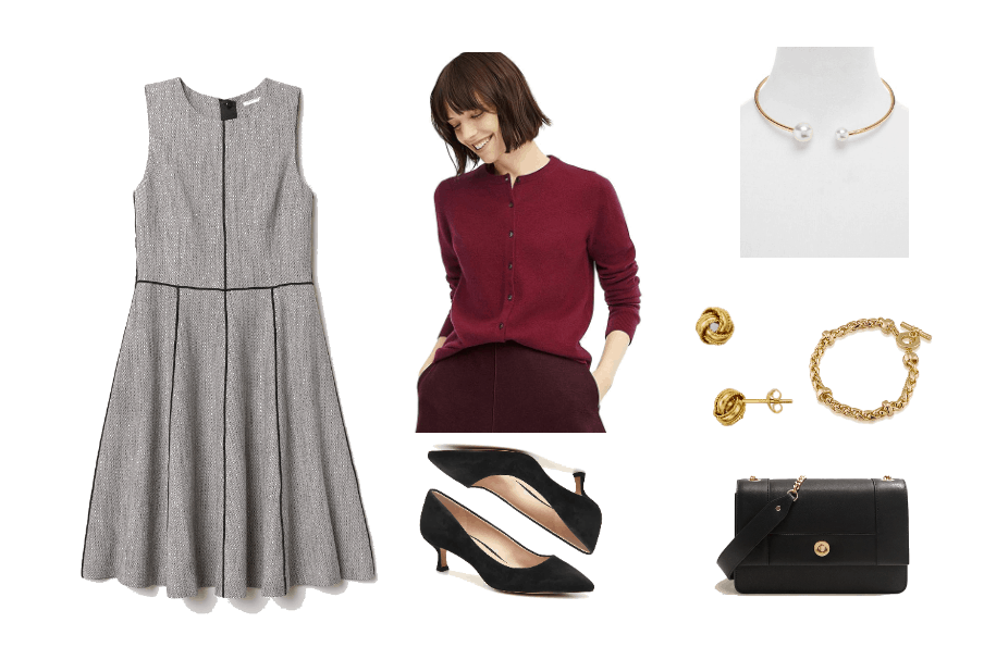 Outfit for a swearing in ceremony: Gray a-line dress, burgundy cardigan, black kitten heels, black mini bag