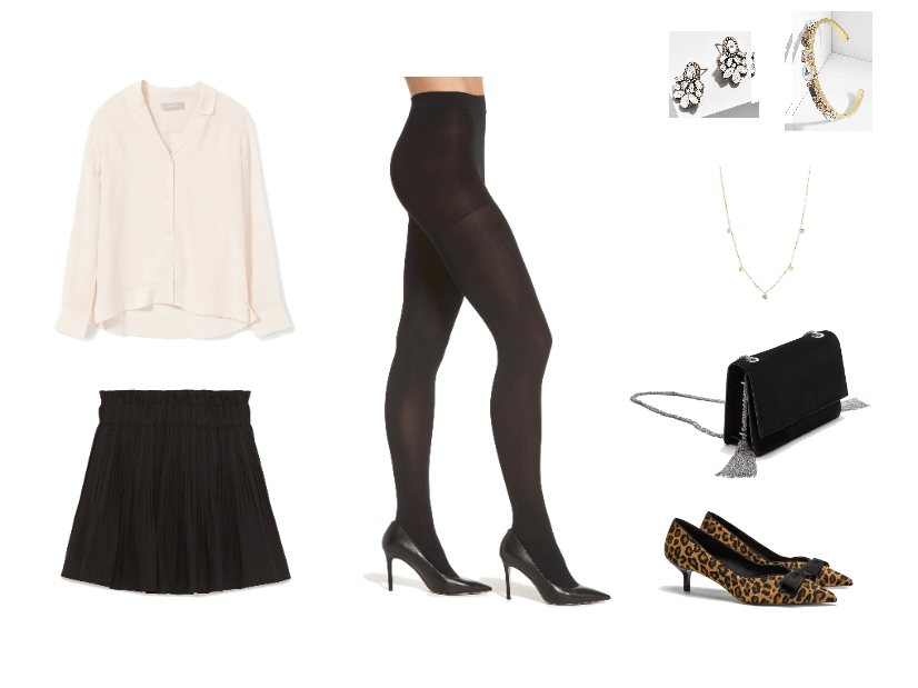 What to wear to your boyfriend's convocation: Outfit with black skirt, button-down blouse, black tights, leopard print heels, jewelry, chain strap bag