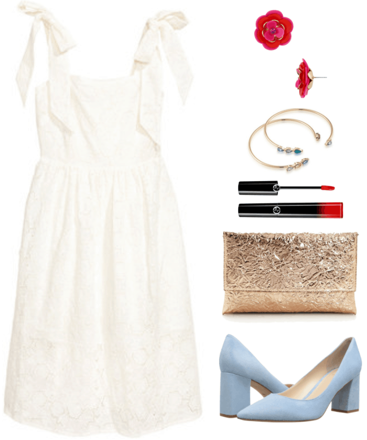 "Ask CF: How Do I Style a White Sundress For My Bridal Shower?" Outfit #1 featuring white midi dress with eyelet embroidery and tie-up shoulder straps, red, fuchsia, and gold flower stud earrings with fuchsia stone at center, set of two cuff bracelets with teardrop-shaped stones in shades of blue, green, turquoise, and purple, Armani Ecstasy Lacquer liquid lipstick in "402 Red to Go," a bright orange-red; crackled rose gold clutch, pale blue pumps with pointed toe and chunky heel