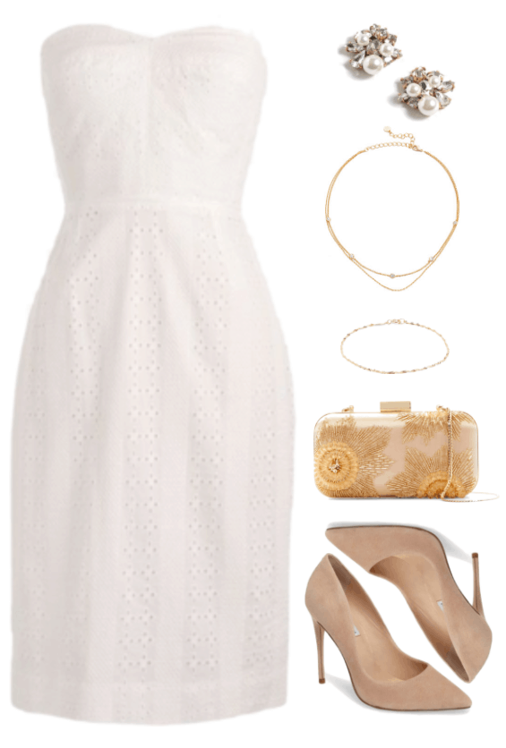 "Ask CF: How Do I Style a White Sundress For My Bridal Shower?" Outfit #2 featuring white strapless eyelet sheath dress with sweetheart neckline, pearl-and-clear-stone cluster stud earrings, double-layer gold choker with five round clear stones, twisted gold chain bracelet, pale pink beaded hard clutch with cold clasp and chain strap, beige pointed-toe heels