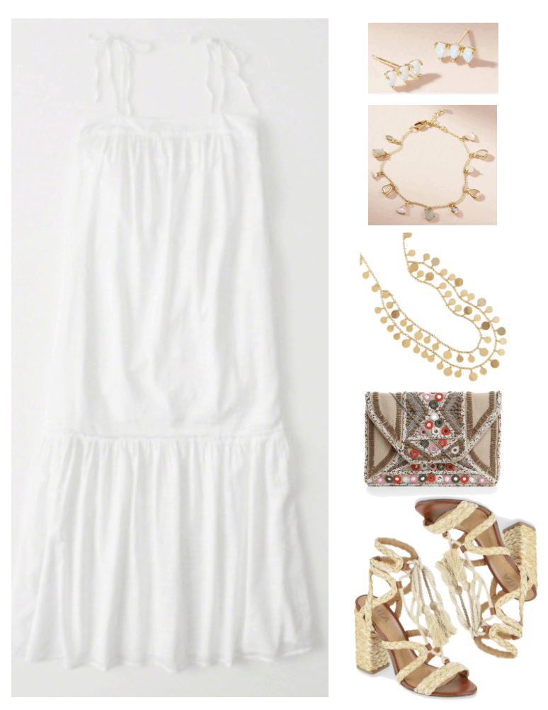 "Ask CF: How Do I Style a White Sundress For My Bridal Shower?" Outfit #3 featuring white spaghetti tie-strap tiered maxi dress, gold earrings with three teardrop-shaped opals, gold bracelet with stone charms, long gold double-layer disc necklace, beige embroidered mirror-embellished clutch with silver chain strap, natural-beige raffia rope sandals with chunky heel wrapped with raffia