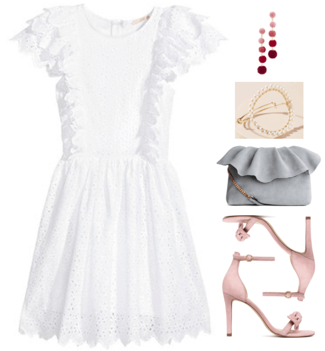 "Ask CF: How Do I Style a White Sundress For My Bridal Shower?" Outfit #4 featuring white eyelet embroidered short-sleeved dress with ruffles, ombré drop earrings with rope-covered balls in shades of pink and red, gold cuff bracelet with large pearl circle, light gray bag with ruffle and gold chain strap, pale pink ankle-strap heeled sandals with bow