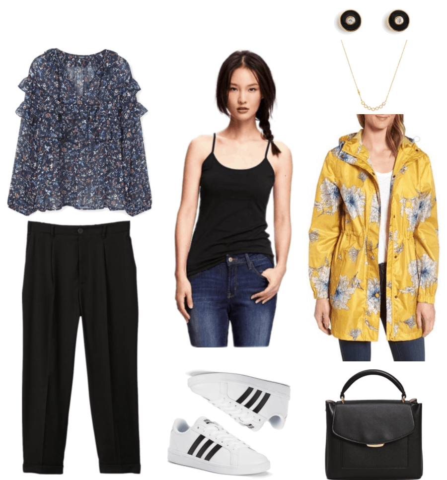 Rainy day outfits for school: Sheer navy blue floral long-sleeved blouse with ruffles across front and sleeves, black cropped relaxed-fit straight-leg pants with cuff, black camisole, adidas NEO Cloudfoam Advantage Stripe sneakers in white with black stripes, round black enamel disc earrings with clear stone at center and gold outlines, gold necklace with seven bezel-set clear stones, yellow raincoat with white-and-blue peony print and cinched waist, black pebbled tote with gold hardware