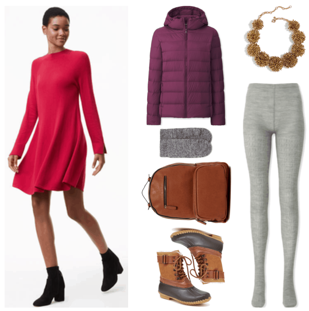 Red long-sleeved mock-neck swing sweater dress, purple hooded ultra-light parka, heather-charcoal and heather gray knit mittens, cognac-brown faux-leather backpack, cognac-brown and dark brown duck boots, gold 