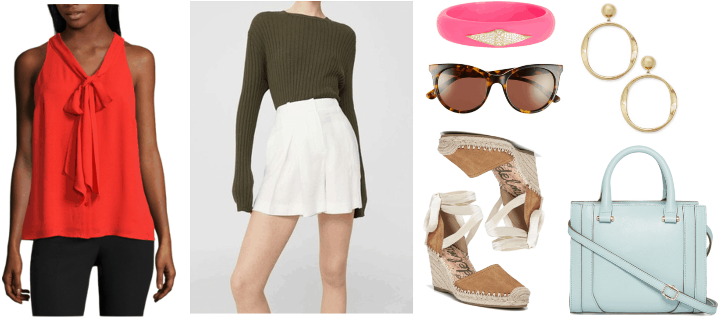 "Ask CF: How Can I Dress More Maturely Without Looking Boring?" Outfit #1 featuring red sleeveless tie-neck blouse, white drapey high-waisted shorts, neon-pink resin bangle bracelet with clear stone diamond-shaped embellishment, brown tortoise cat-eye sunglasses, light-brown suede espadrille wedges with ankle ties, gold drop hoop earrings, mint-blue top-handle cross-body bag with shoulder strap and gold hardware