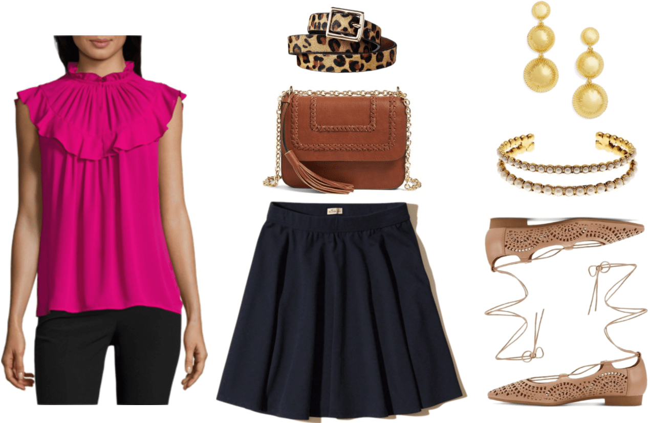 "Ask CF: How Can I Dress More Maturely Without Looking Boring?" Outfit #2 featuring bright pink short-sleeved blouse with high keyhole neckline and ruffles, leopard-patterned calf-hair belt with silver buckle, cognac-brown shoulder bag with gold chain strap, braided details, and tassel detail; navy blue skater skirt, gold ball drop earrings, gold double-cuff bracelet with pearls, beige laser-cut pointed-toe lace-up ballet flats