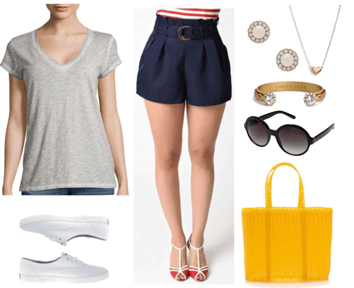 "Ask CF: How Can I Dress More Maturely Without Looking Boring?" Outfit #3 featuring light-gray relaxed-fit v-neck short-sleeved t-shirt with fading at the seams, white canvas lace-up Keds sneakers, navy blue pleated high-waisted paper-bag shorts with belt, pearl earrings with surrounding clear crystals, gold heart necklace with tiny ruby on upper-left side, gold cuff bracelet with woven detail and clear crystals surrounded by smaller clear crystals, black round sunglasses, yellow woven tote