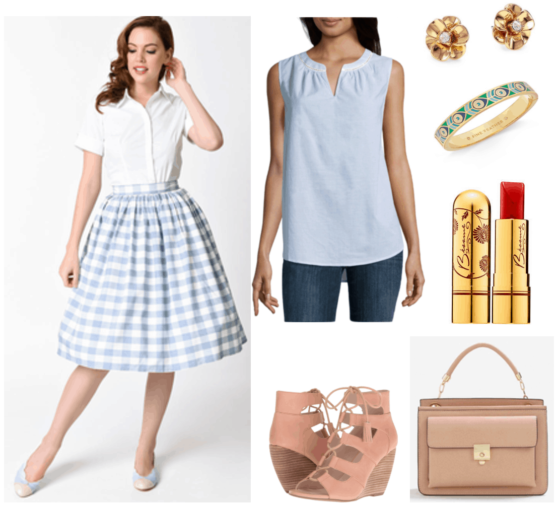 "Ask CF: How Can I Dress More Maturely Without Looking Boring?" Outfit #4 featuring pale-blue-and-white gingham midi skirt, pale-blue split-neck sleevless blouse, pinkish-beige gladiator lace-up wedges, gold flower earrings with clear crystal center, gold bangle bracelet with indigo, blue, white, and green peacock pattern; Besamé Cosmetics Classic Color Lipstick in "Red Hot Red 1959," a warm red; beige cross-body bag in beige with top-handle and front pocket