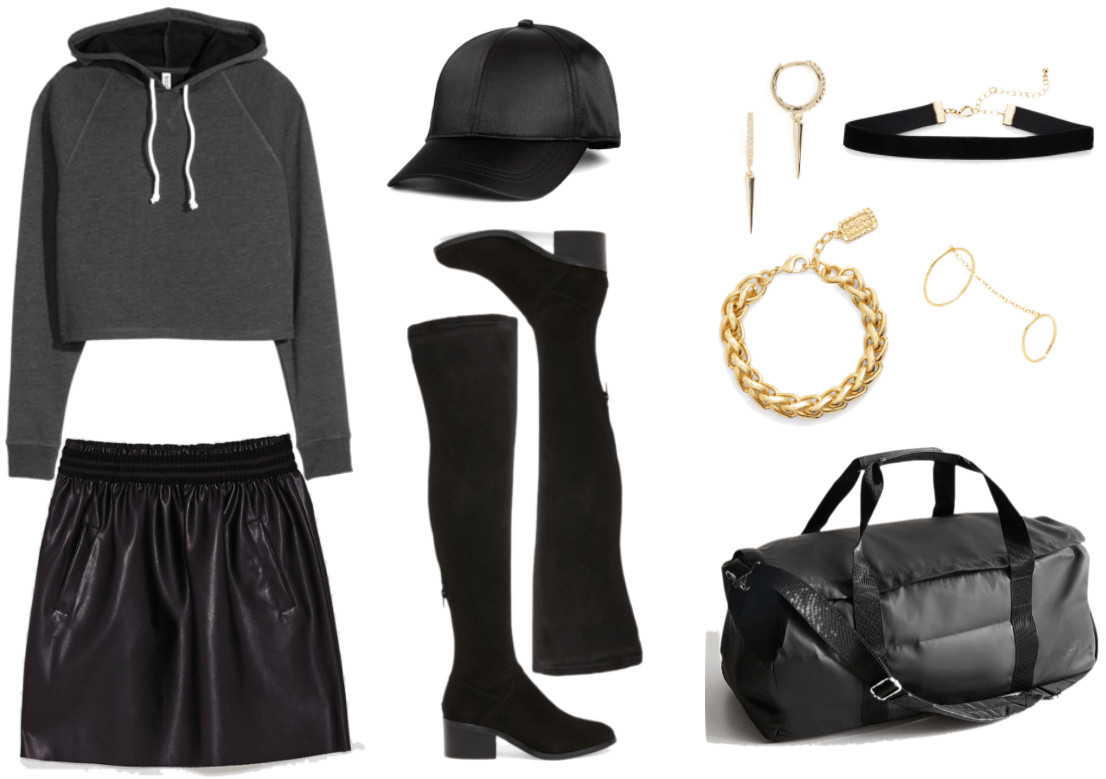 Dark gray cropped hoodie sweatshirt with white drawstrings, black faux-leather elastic-waist a-line mini skirt with pockets, black satin baseball cap, black faux-suede over-the-knee boots with block heel, small gold hoop earrings with clear stones and dangling spikes, large gold braided link bracelet, black velvet choker with gold clasp and hardware, gold two-finger ring with chain, black duffle bag