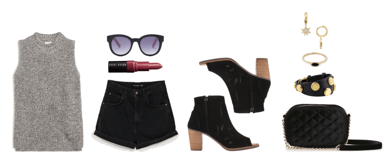Black-and-white marled sleeveless sweater, black round sunglasses with purple lenses, Bobbi Brown Crushed Lip Color in "Grenadine," a berry-red shade; denim "mom" shorts in black, black perforated peep-toe ankle boots with wooden block heel, gold huggie hoop earrings with dangling star with clear stones, gold ring with black marquise-cut black stone, black double leather wrap bracelet with round gold details with engraved Henri Bendel logo, black quilted velvet cross-body bag with chain strap