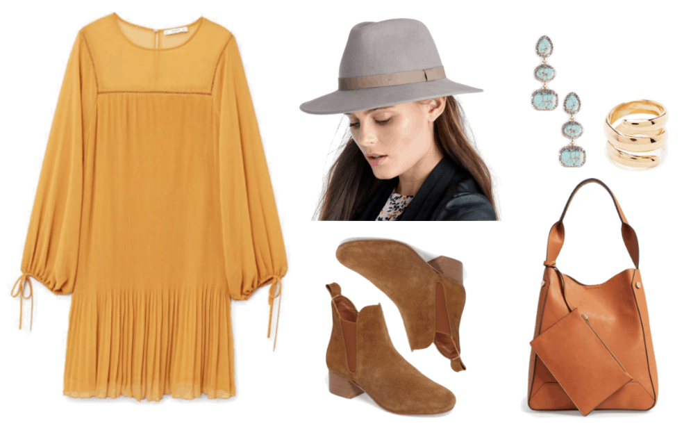 Mustard-colored long-sleeved pleated dress with ties at ends of sleeves, light gray wide-brim hat with beige faux leather band, tannish-brown chelsea boots, triple turquoise drop earrings set in gold with pavé clear stones, gold wrap ring, cognac-brown hobo bag with rectangular pouch attached to handle