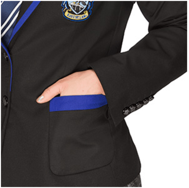 Close-up of woman's hand in pocket of Ravenclaw blazer