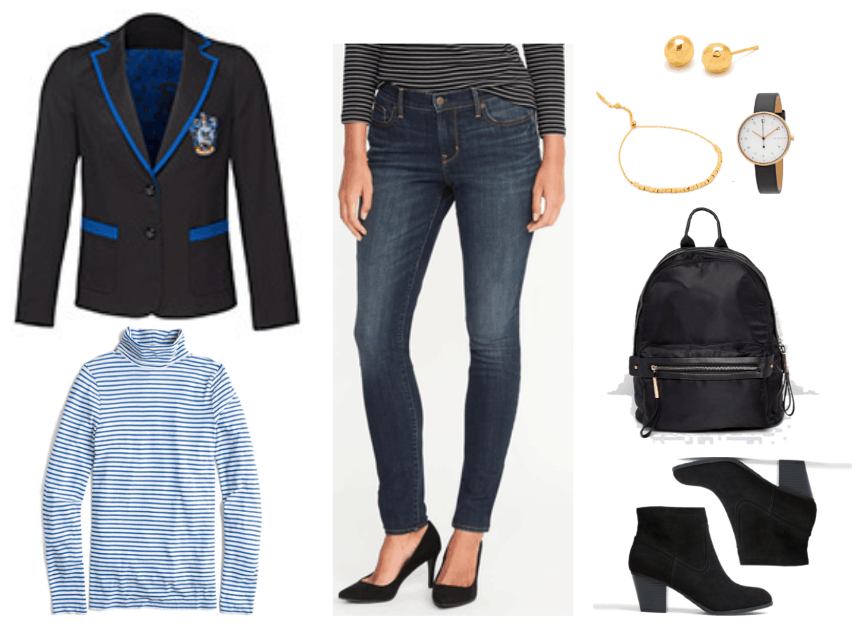 "Ask CF: How Do I Wear a Harry PotterFandom Blazer Without Looking Geeky?" Outfit #1 featuring black blazer with bright blue piping and Ravenclaw crest, ivory-and-blue long-sleeved skinny-striped turtleneck, dark-wash skinny jeans, gold faceted ball stud earrings, gold adjustable bracelet with gold beads, watch with gold hardware and black leather band, black backpack, black Western block-heel ankle boots