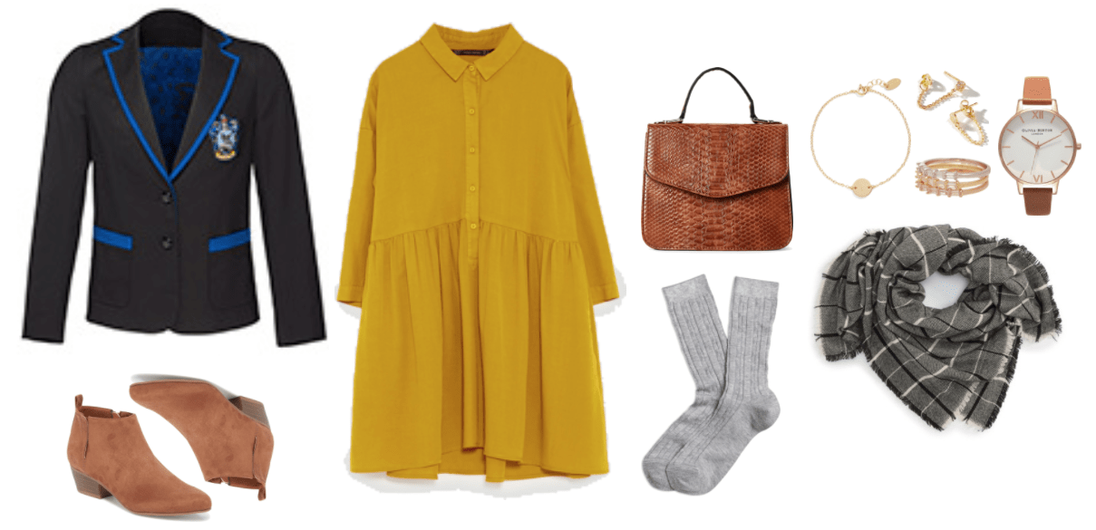 "Ask CF: How Do I Wear a Harry Potter Fandom Blazer Without Looking Geeky?" Outfit #2 featuring black blazer with bright blue piping and Ravenclaw crest, cognac-brown ankle boots, mustard-yellow long-sleeved shirt dress, cognac-brown snake-embossed cross-body bag with top-handle, light gray cable-knit socks, gold bracelet with disc with initial, gold disc stud earrings with pavé clear stones and chain, set of three rings in rose, yellow, and white gold with clear stones; watch with rose gold hardware and cognac-brown leather band, gray scarg with black and ivory check and stripe patterns