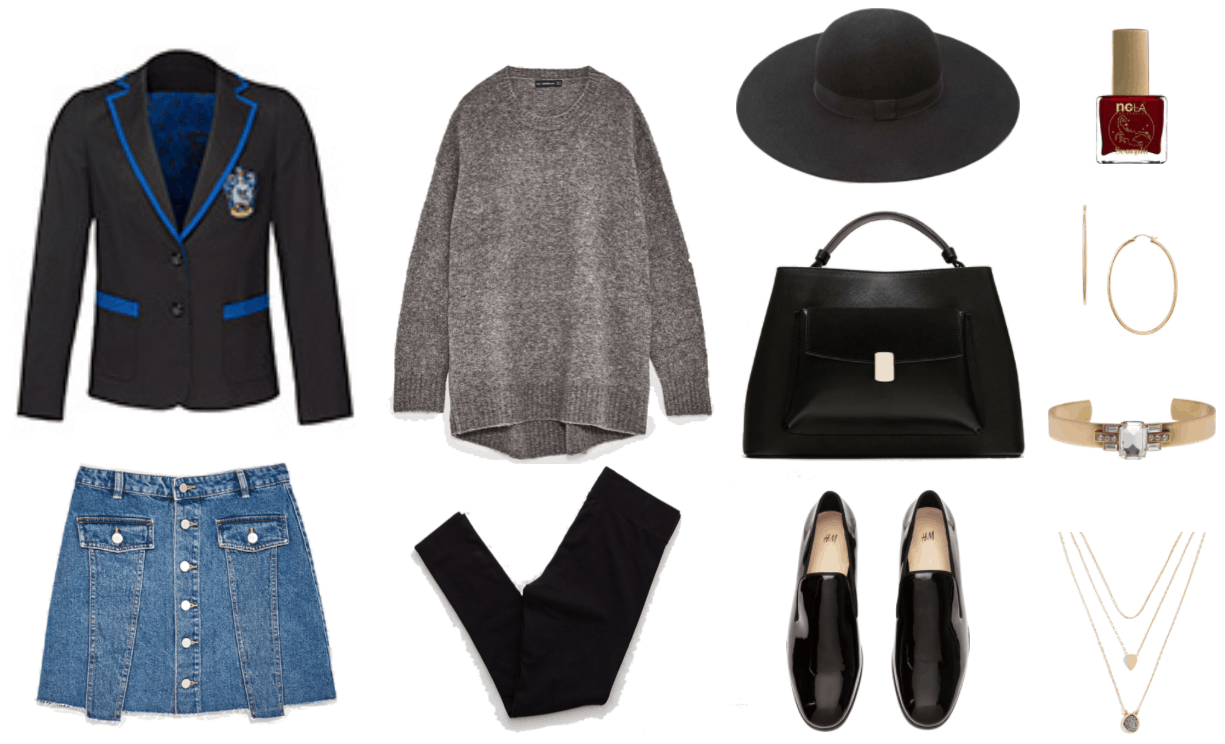 "Ask CF: How Do I Wear a Harry Potter Fandom Blazer Without Looking Geeky?" Outfit #3 featuring black blazer with bright blue piping and Ravenclaw crest, button-front medium-wash denim mini skirt, oversized gray sweater, black high-rise leggings, black wide-brim fedora with grosgrain ribbon trim, black leather tote with front pocket with metal clasp and top-handle, black patent loafers,  ncla "What's Your Sign?" Scorpio Lacquer, a dark burgundy creme shade, large gold hoop earrings, medium-thick gold cuff bracelet with clear stones, triple-layer gold necklace with upside-down gold teardrop and gunmetal druzy stone