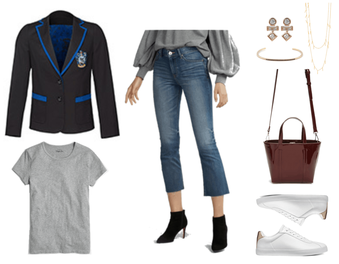 "Ask CF: How Do I Wear a Harry Potter Fandom Blazer Without Looking Geeky?" Outfit #4 featuring black blazer with bright blue piping and Ravenclaw crest, gray short-sleeved crewneck t-shirt, cropped flare jeans in medium wash, gold stud earrings with circular, rectangular, and diamond-shaped clear stones; skinny cuff bracelet with black stones, gold long wrap necklace with bars, mini patent burgundy tote with crossbody strap and top handle, white sneakers with metallic gold detail at back