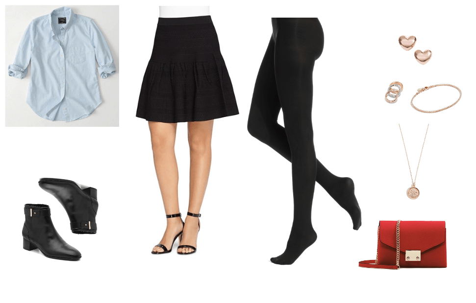 Outfit for a job fair: Black skirt, black tights, ankle boots, red bag, simple jewelry, blue button-front shirt
