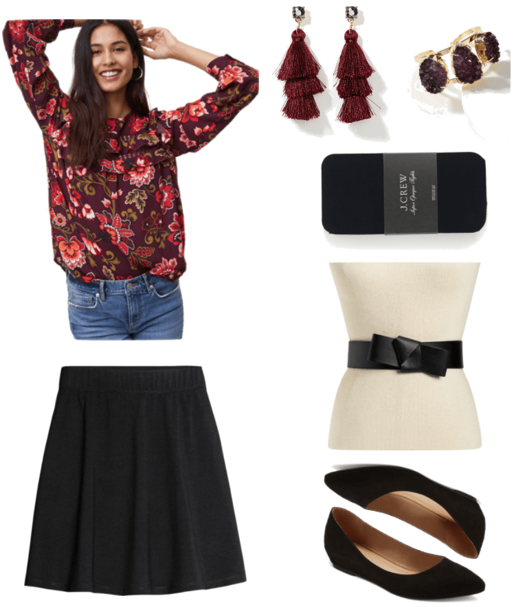 Plum-colored long-sleeved blouse with red, white, black, and gold floral print and cut-outs and ruffles at yoke; black jersey circle skirt, drop earrings with maroon triple-tiered tassel hanging from blue-gray stone set in gold, gold cuff bracelet with three purple druzy stones, black super-opaque tights, black faux-leather origami-style bow belt with elasticized back, black faux-suede pointed-toe flats with small hidden wedge