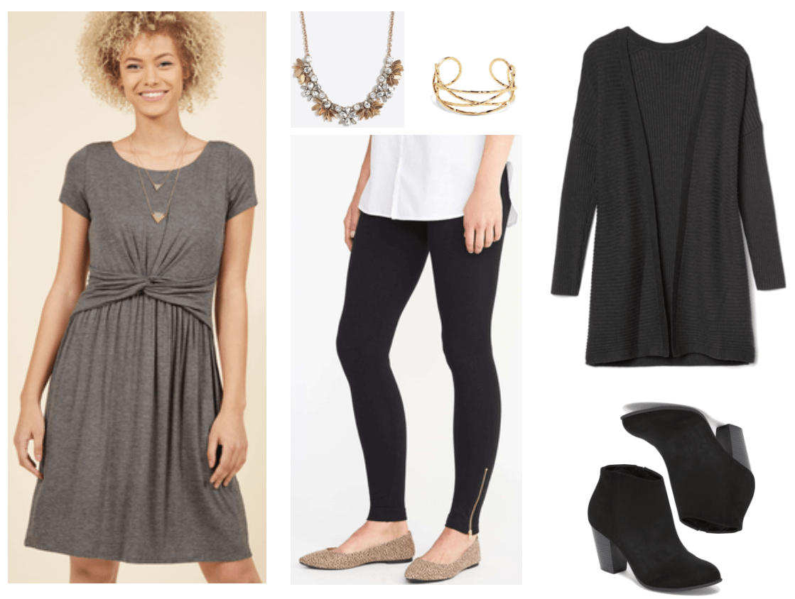 Charcoal-gray heathered short-sleeved t-shirt-dress with knot detail at waist, gold floral statement necklace with clear stones and gold leaf-shaped charms, gold criss-cross hammered cuff bracelet, black leggings with gold zipper detail at ankle, relaxed-fit dark gray long ribbed open-front cardigan, black faux-suede block-heel ankle boots