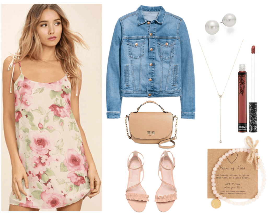 "Ask CF: What Should I Wear On a Low-Key First Date?" Outfit #2 featuring pale pink floral dress with tie-up spaghetti straps, pale light-wash denim jacket, beige satchel bag with gold hardware and chain strap, pale pink ruffled strappy sandals, faux pearl stud earrings with silver backs, gold lariat necklace with clear crystals, Kat Von D Everlasting Liquid Lipstick in "Lolita" matte chestnut-rose, and rose quartz beaded bracelet with round gold charm with heart engraving