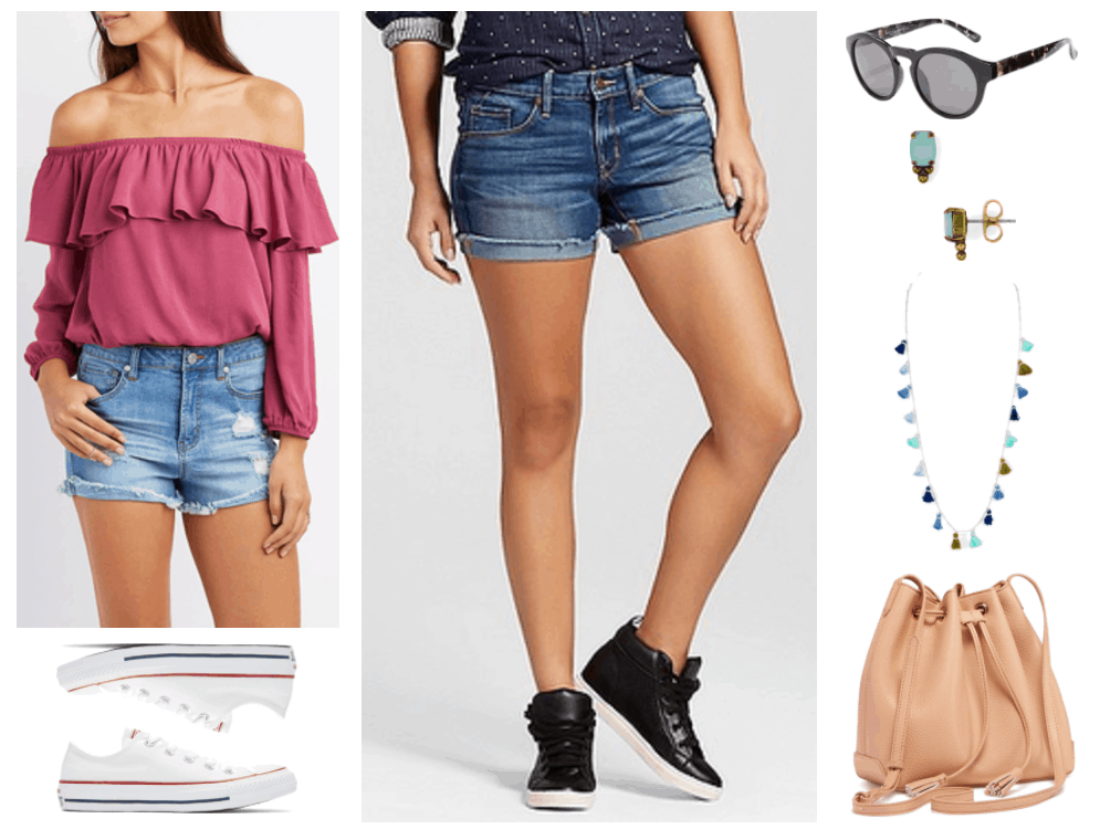 "Ask CF: What Should I Wear On a Low-Key First Date?" Outfit #3 featuring dusty rose off-the-shoulder long-sleeved top with ruffle, white Converse low-top sneakers, medium-wash denim shorts with cuff, black and faux tortoise shell patterned round sunglasses, bronze-colored stud earrings with oval turquoise-green Swarovski crystals, long silver necklace with fabric tassels in shades of blue and green, beige bucket bag with drawstrings