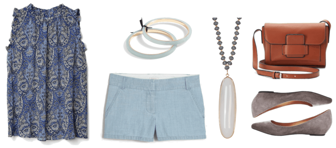 "Ask CF: What Should I wear On a Low-Key First Date?" Outfit #4 featuring blue sleeveless printed blouse with ruffles at neck and armholes, set of two aqua-blue resin bangle bracelets with gold on the inside tied together with black ribbon, pale blue chambray shorts, long gray beaded necklace with large white oblong stone, cognac-brown cross-body bag, gray pointed-toe ballet flats