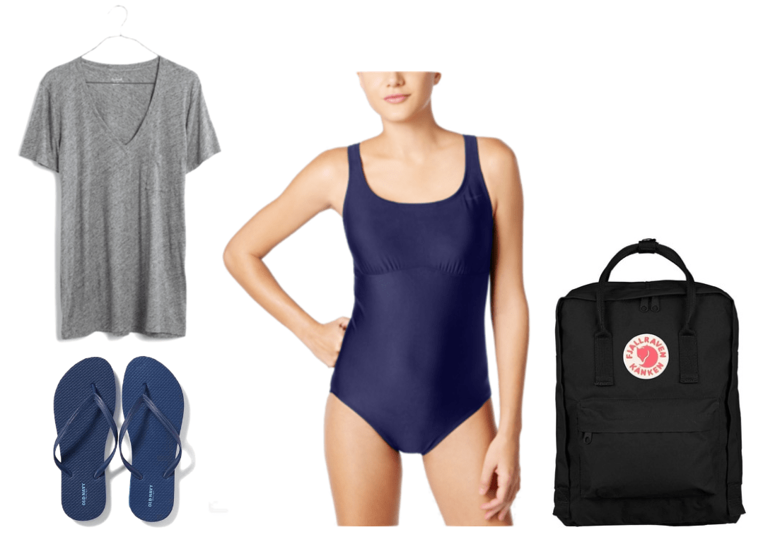 "Ask CF: What Should I Pack For My Job as a Camp Counsellor?" Outfit #5 featuring gray heathered v-neck t-shirt with left chest pocket, navy blue flip flops, navy blue one-piece swimsuit, black backpack with red-and-white Fjallraven logo