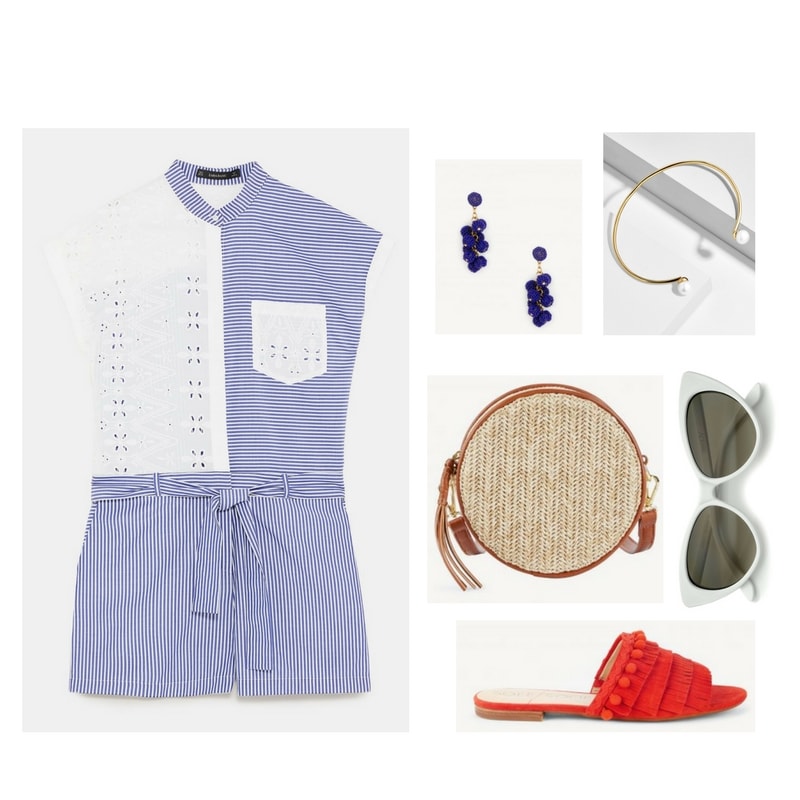 Blue-and-white-striped cap-sleeve button-up romper with white eyelet on upper left half, white eyelet upper right pocket, and self-tie belt; gold drop earrings with cobalt-blue beaded balls, gold open cuff bradelet with pearls on either end, round woven beige straw bag with cognac-brown faux-leather piping, strap, and zipper pull; white cat-eye sunglasses with dark gray lenses, coral-red slide sandals with pom-poms and fringe