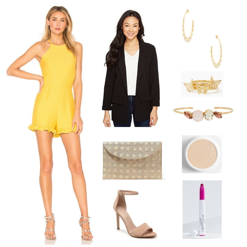 Gen-Z yellow halter-neck romper with ruffles at bottom, black ponte knit boyfriend blazer, beige woven envelope clutch with embroidered beige dots, beige suede ankle-strap stiletto sandals, large gold hoops with small dangling clear stones, set of three stackable gold rings with butterflies and clear stones, gold cuff bracelet with medium pink ellipse-shaped stones, pale pink opaque rounded-square-shaped stone, and clear round stone, Colourpop Super Shock Highlighter in 