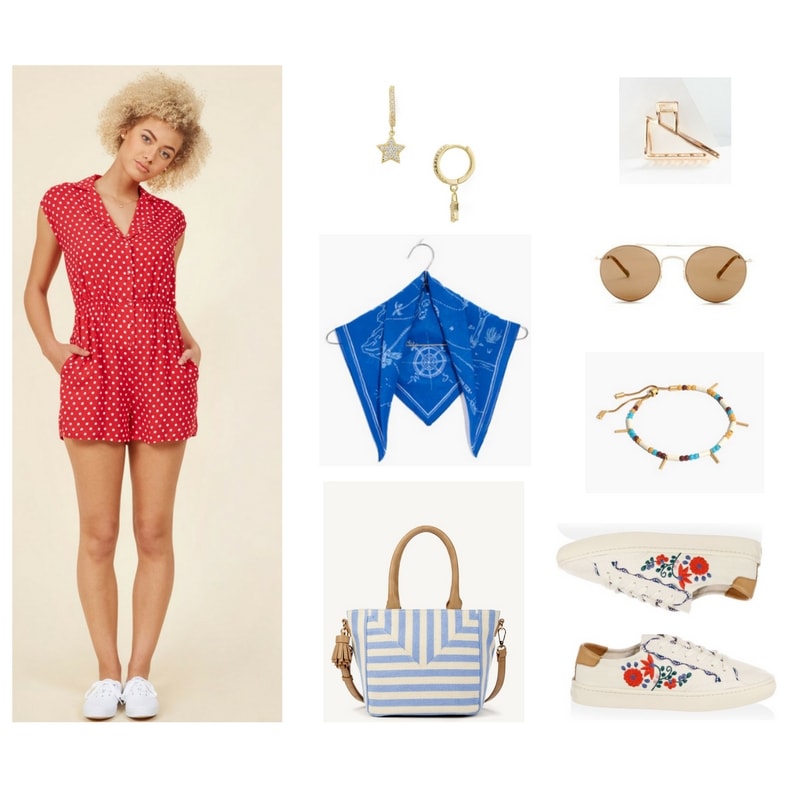 Red short-sleeved button-up romper with collar, white polka dots, and side pockets, gold huggie hoop earrings with small dangling stars with pavé clear stones, bright blue bandana with white nautical design, light blue-and-white striped satchel bag with faux-leather beige top-handles, cross-body strap, and fringe detail; gold metal claw clip, round gold aviator sunglasses with medium-brown lenses and tortoise-patterned ear pieces, white, turquoise, muted yellow, and brown beaded adjustable gold bracelet with gold bar beads; blush-pink sneakers with red, blue, green, and pale pink floral embroidery sneakers and tan detail at back, as well as red, blue, and green scalloped detail at sides near laces