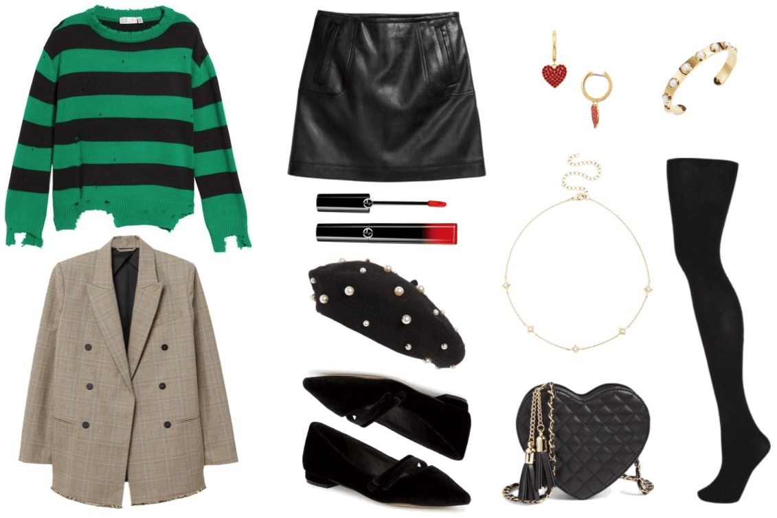 Green-and-black rugby-stripe destroyed crewneck sweater, light brown checked oversized double-breasted blazer with frayed hem, black faux-leather mini skirt with slit pockets, Armani Ecstasy  Lacquer in "402 Red To Go," a bright, warm red shade; black pearl-embellished beret, black pointed-toe velvet Mary Jane flats, small gold hoop earrings with red pavé drop hearts, gold starburst charm choker necklace with clear stones, black faux-leather heart-shaped quilted bag with tassels and cross-body chain-strap, gold cuff bracelet with pearls, black opaque tights