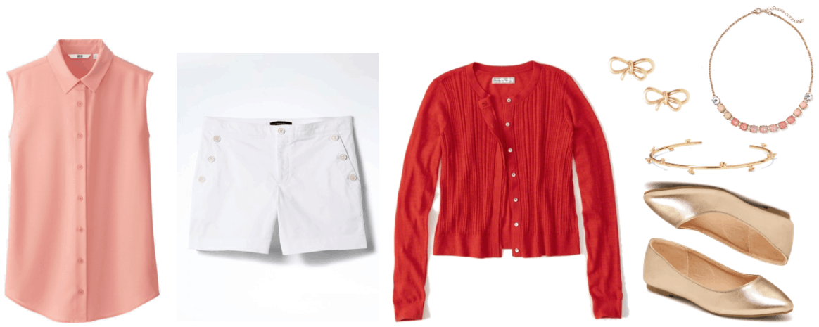 "Ask CF: How Do I Style Shorts in a Professional Way?" Outfit #3 featuring coral sleeveless button-up blouse, white sailor-style shorts, red cardigan with textured fabric at front, gold bow earrings, gold necklace with clear, pale pink, coral, and mauve-pink stones in an ombré pattern, thin gold cuff bracelet with flowers, metallic gold pointed-toe ballet flats