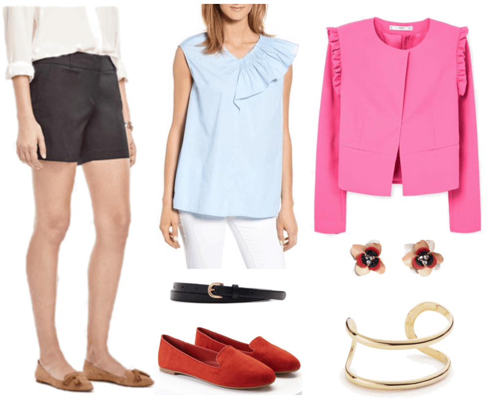"Ask CF: How Do I Style Shorts in a Professional Way?" Outfit #1 featuring black shorts, pale blue sleeveless blouse with smocked ruffle on left side, black belt with gold buckle, rusty-red loafers, bright pink blazer with ruffles at shoulders, white, pale pink, red, and black flower earrings with black beads at center; gold double open cuff bracelet