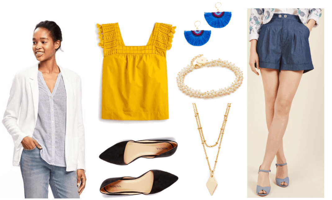 "Ask CF: How Do I Style Shorts in a Professional Way?" Outfit #2 featuring white buttonless blazer, golden-yellow sleeveless top with eyelet detail and fringe at arm openings, black pointed-toe d'orsay ballet flats, gold earrings with cobalt-blue fan fringe and black, pink, white, and cobalt-blue embroidery; gold beaded bracelet with ivory beads, gold double-layer necklace with gold beads and diamond-shaped charm, high-waisted medium-blue chambray shorts