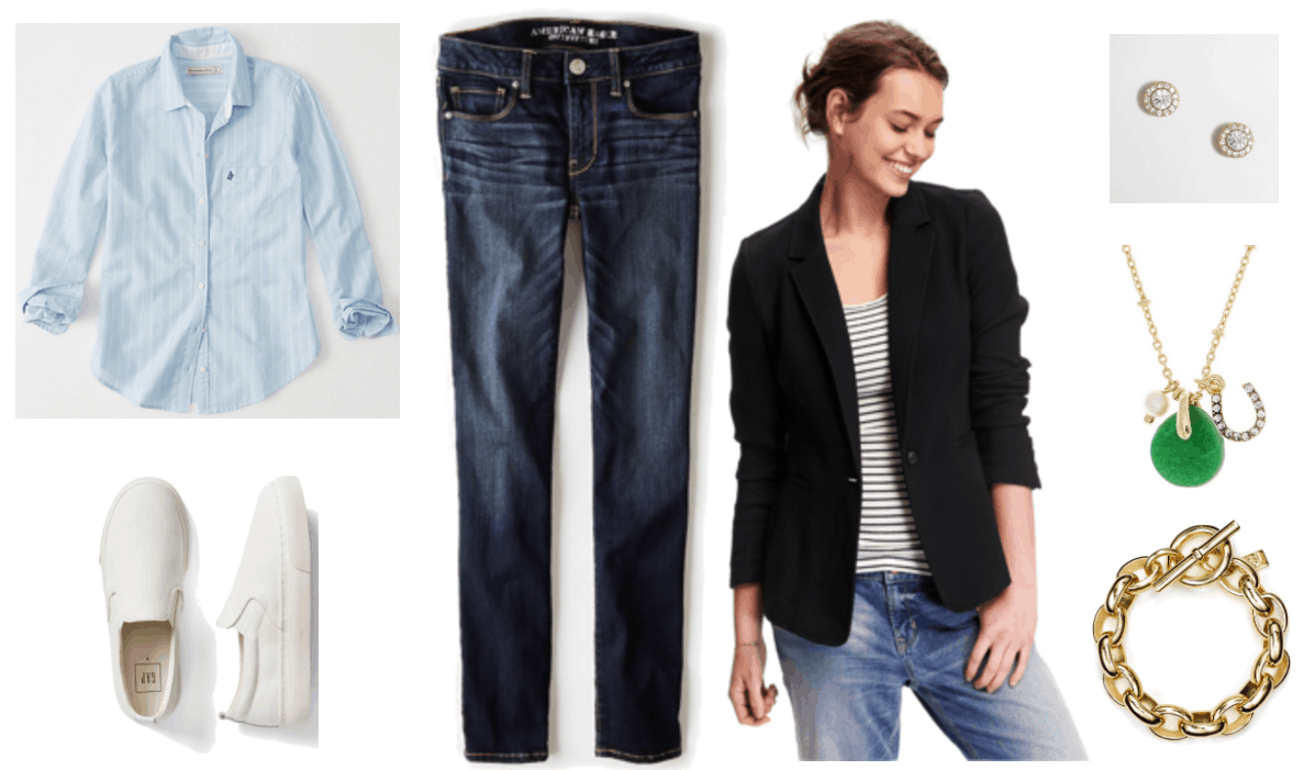 "Ask CF: How Do I Make Sneakers Workplace Appropriate?" Outfit #2 featuring blue oxford shirt with green-and-white stripes and chest pocket, white denim slip-on sneakers, dark-wash skinny jeans, black single-button blazer, round earrings with clear circular crystal surrounded by clear circular crystals; gold necklace with faux pearl, flat green stone, and clear-crystal-encrusted horseshoe charms; gold chain link bracelet with toggle closure