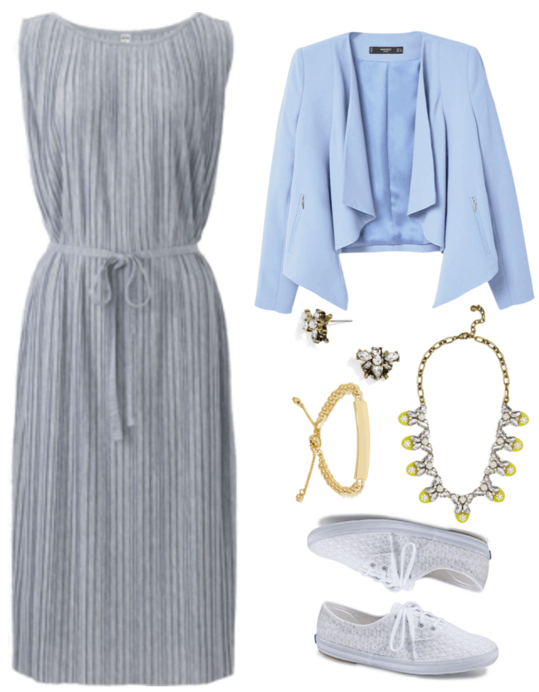 "Ask CF: How Do I Make Sneakers Workplace Appropriate?" Outfit #3 featuring gray sleeveless pleated midi dress with tie around the waist, pale blue open cascading-lapel blazer, clear-crystal-encrusted bee-shaped stud earrings, chunky gold bar bracelet with gold beads and adjustable ties, statement necklace with clear crystals and neon-green resin with white resin flowers with clear crystal centers; white daisyeyelet Keds sneakers