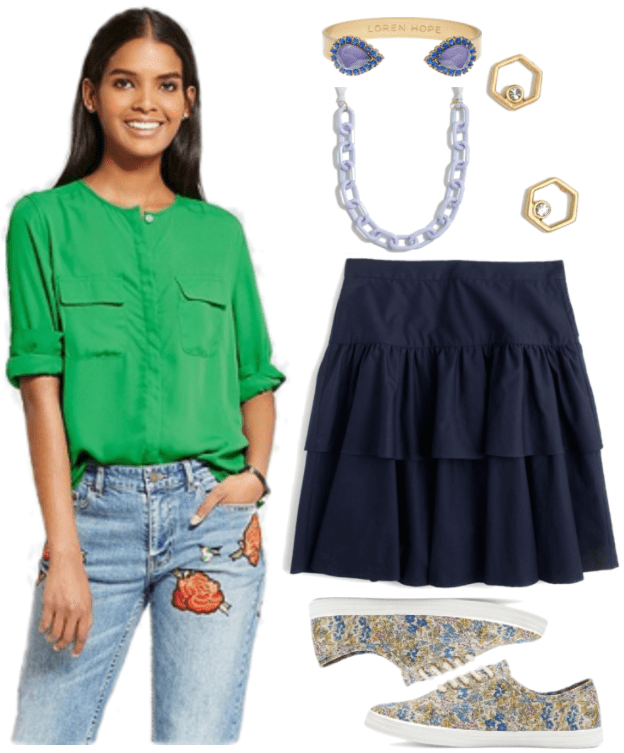 "Ask CF" How Do I Make Sneakers Workplace Appropriate?" Outfit #4 featuring bright green collarless button-up blouse with chest pockets, gold open cuff bracelet with purple teardrop-shaped stone surrounded by blue stones, blue-gray acrylic chain-link necklace with ribbon closure, gold hexagonal stud earrings with small clear stone, navy blue tiered pleated skirt, off-white canvas sneakers with green, blue, and purple floral print and braided laces