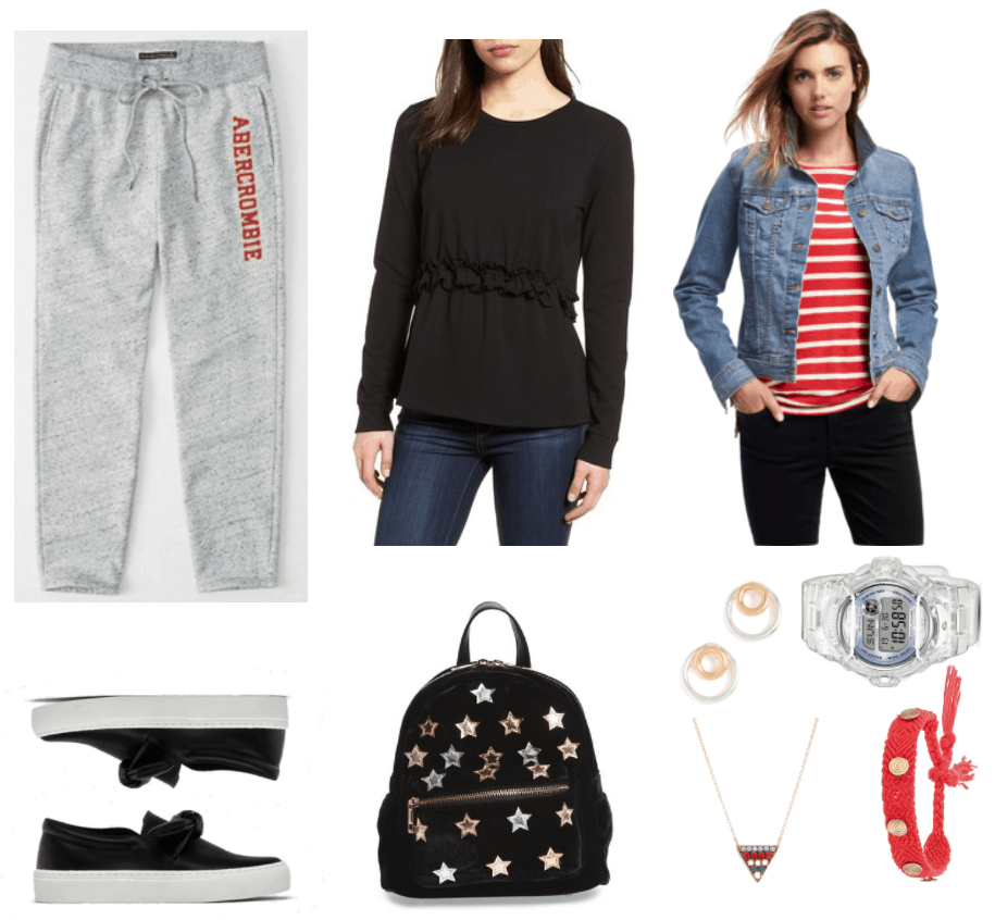 Light heather gray sweatpants with drawstrings and "ABERCROMBIE" logo in red outlined in yellow, black faux-leather slip-on sneakers with bow and white soles, black crewneck sweatshirt with ruffles at waist, black velvet mini backpack with faux-leather gold, silver, and bronze stars, faux leather details, and gold hardware; denim jacket in medium blue wash, gold and silver front-to-back stud circle hoop earrings, gold necklace with upside-down triangle pendant with turquoise, red, white, and blue stones; clear Baby-g digital jelly watch with lavender around the face, red woven friendship bracelet with gold spiral circles