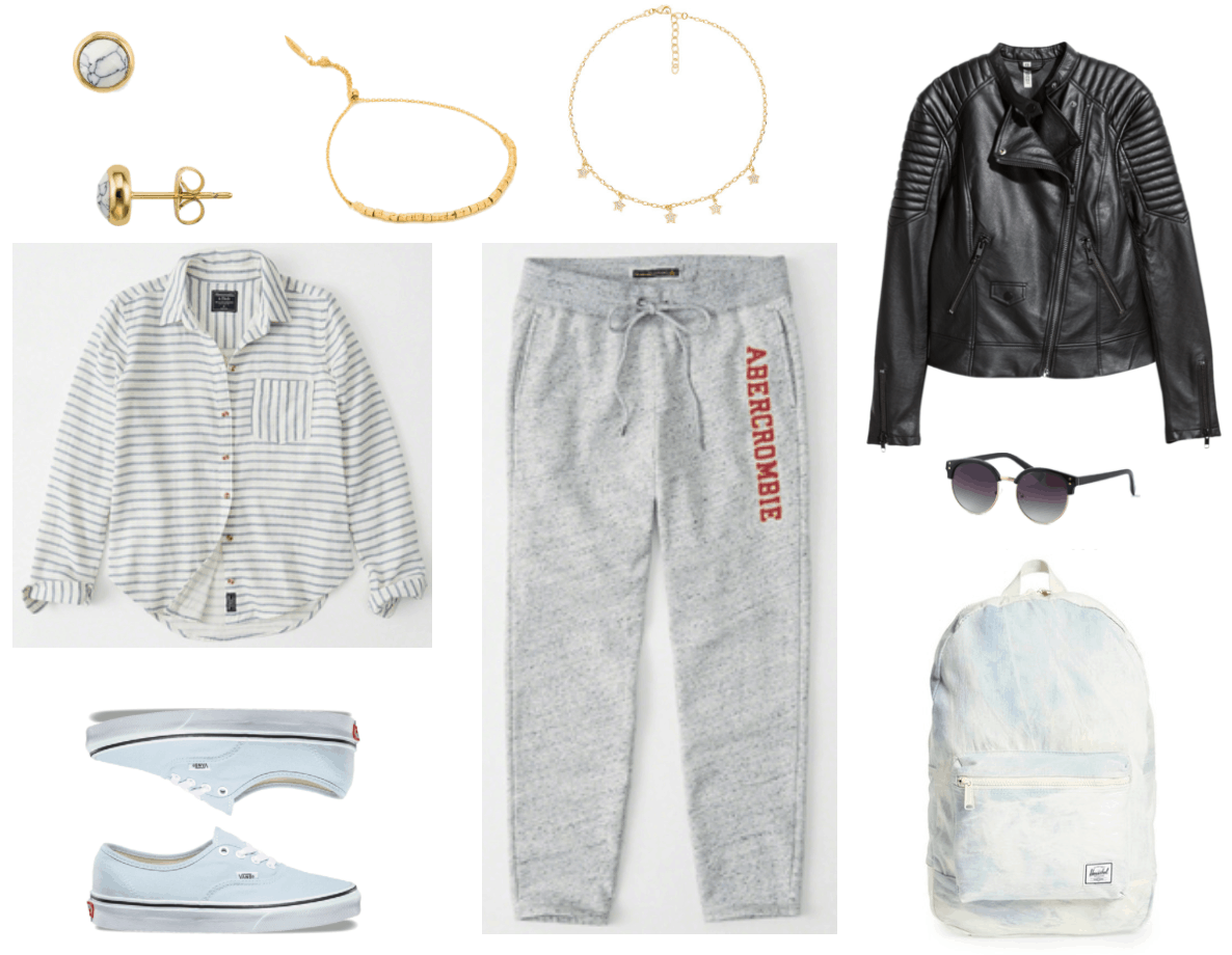 White round stone stud earrings with blue marbling set in gold, medium-blue-and-cream horizontal-striped long-sleeved button-up shirt with pocket with vertical stripes, pale blue Vans Authentic Sneakers, gold adjustable bracelet with gold beads, light heather gray sweatpants with drawstrings and "ABERCROMBIE" logo in red outlined in yellow, black faux-leather motorcycle jacket, black round sunglasses with gold bridge and hardware and dark purple ombré lenses outlined in gold, pale blue tie-dye backpack with "Herschel Supply Co." logo tag on front pocket