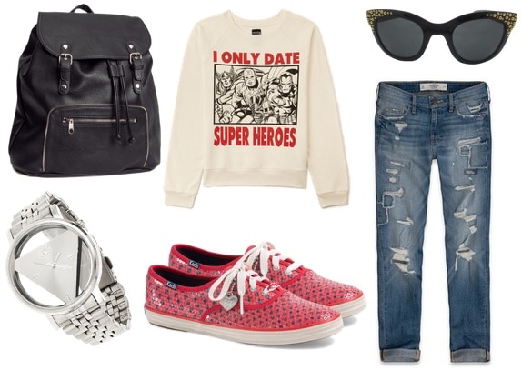 tomboy outfit ideas - boyfriend jeans, graphic sweater, sneakers, backpack, watch, sunglasses