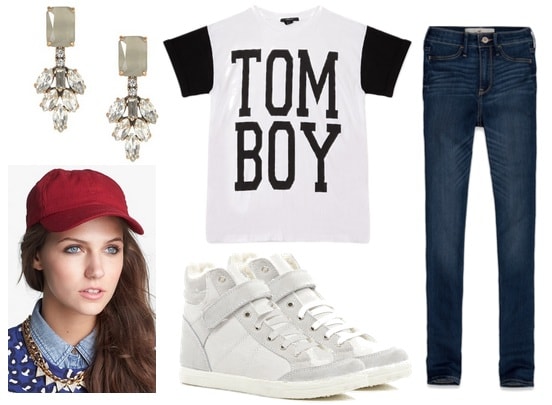 tomboy outfit ideas - High waisted jeans, t-shirt, sneakers, baseball cap, earrings