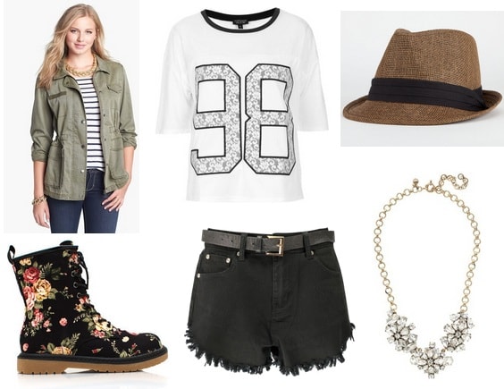 tomboy outfit ideas - Shorts, tee, jacket, boots, hat, necklace