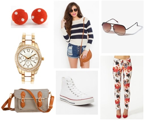 What to wear while touring on vacation: Pants, sweater, sneakers, sunglasses, striped tote, polka dot earrings