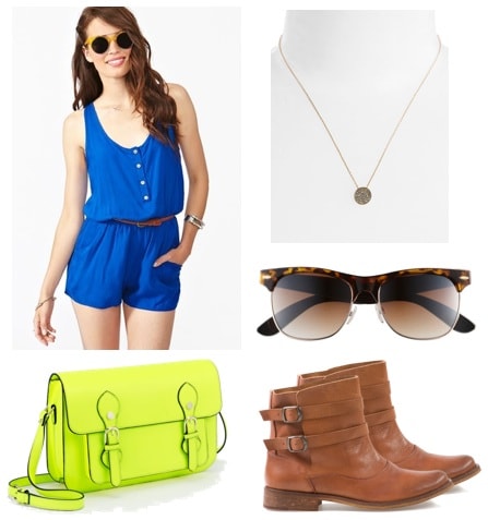 What to wear while touring on vacation: Romper, necklace, sunglasses, comfy ankle booties, cross-body bag